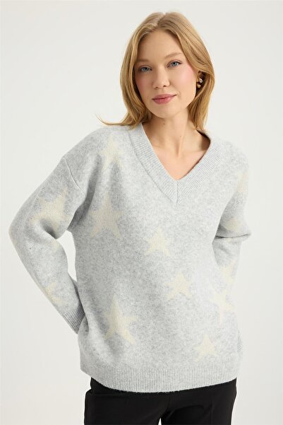 HomeStore Плетен пуловер с V-образно деколте и пайети