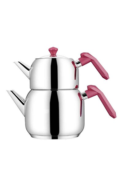 Altabi طقم إبريق شاي من الفولاذ بغطاء زجاجي أوبالي - لون أحمر داكن