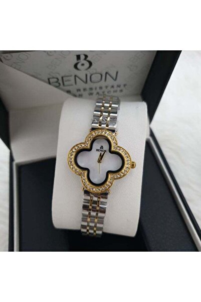 benon Women's Waterproof Watch with Silver Bracelet and White and Gold Dial