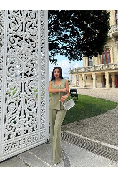 buqre's moda Square Collar Stone Buttoned Vest Trousers Double Breasted Set