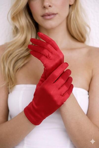 Hobigram Satin Evening Dress & Bridal Gloves 21cm Fingered Short Model High Q...