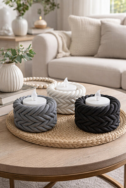 Üçüncü Boyut Baskı Dünyası Halat Desenli LED Mumluk – Gri / Beyaz / Siyah (3’...