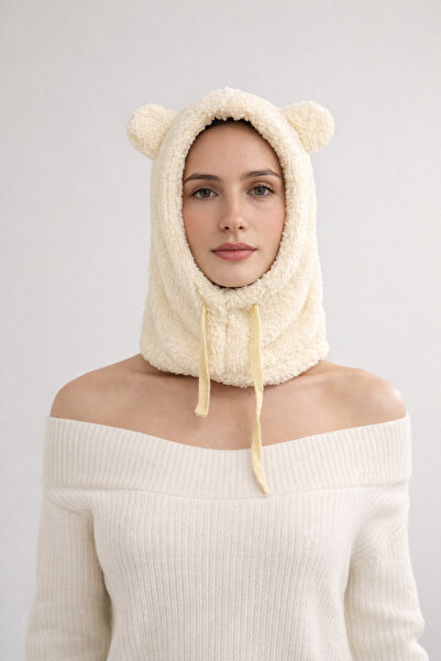 Şirin Giyim Aksesuar Balaclava de pluș ecru cu buzunare și urechi de urs - Că...