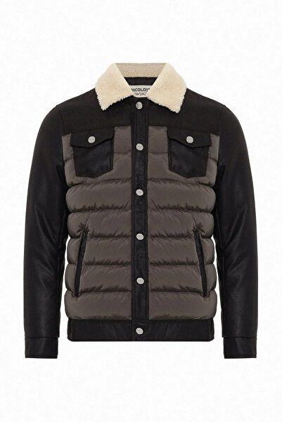 Andrea Nicolotti Men's Fur Collar Faux Leather Sleeves Puffer Winter Casual Coat