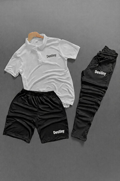 NOFLEN Polo Yaka Destiny Printed 3-Piece Shorts and Sweatpants Set