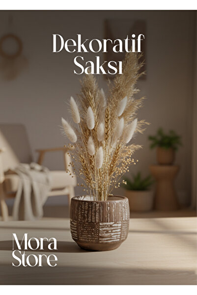 mora store Antik Desenli Vizon Beton Saksı Modern Dekoratif Sukulent Kaktüs S...
