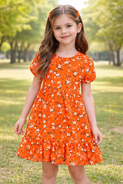 ZERMİNİ 180-01-26 Kız Çocuk Çiçek Desenli Kısa Kollu Viskon Dokuma Elbise 2/1...
