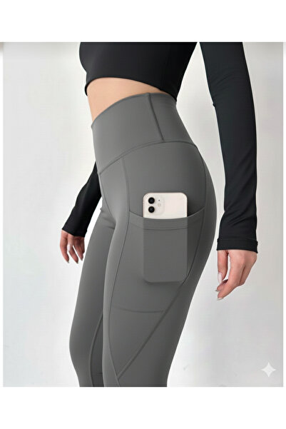 jeneric Women's Gray High Waist Double Pocket Compacting Sports Leggings