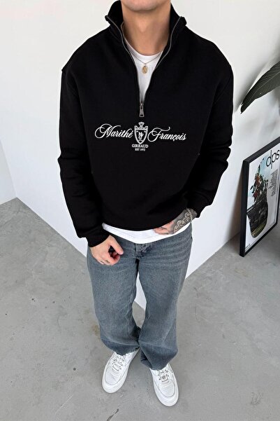 HAFKAGİYİM Negru cu imprimeu cu fermoar pe jumătate Oversze Swea tricou