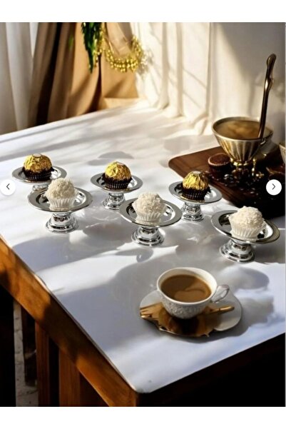 Otm Metal 6'lı Dekoratif Gümüş Renk Makaronluk 6 Li Lokumluk Kahve Yani Sunumluk