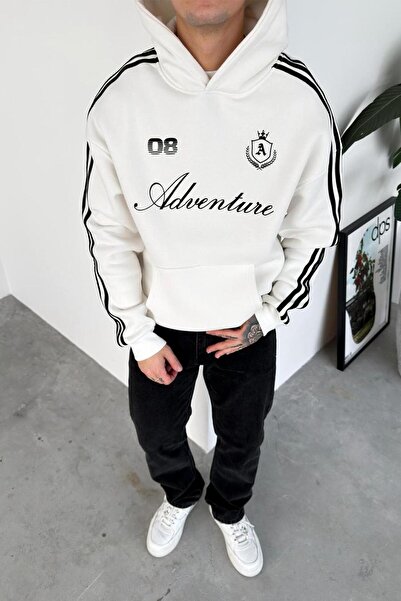 HAFKAGİYİM Λευκό φούτερ με τύπωμα ρίγες με λεπτομέρεια oversized