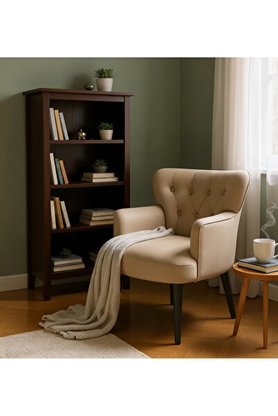 WATERYBROOK Tekli Berjer Koltuk - Kapitoneli Babyface Kumaş - Siyah Ahşap Aya...