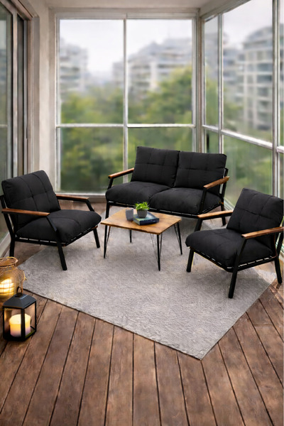 UFUK HOME Linda 211 Sehpalı Siyah Fermuarlı Bahçe Balkon Takımı, Cafe, Salon ...