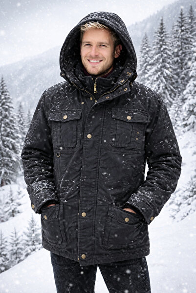 DYNAMO Men's Black Hooded Fur Lined Waterproof Coated Thick Coat