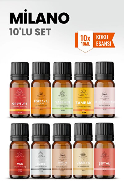 Aroviva Milano 10’lu Oda Kokusu Seti – Buhurdanlık Yağı, Difüzör Esansı ve Es...