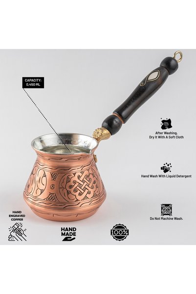 DMT COPPER HOME إبريق قهوة نحاسي سميك مصنوع يدويًا يتسع لـ 4 أشخاص - إنتاج غازي عنتاب، إبريق قهوة تركي تقليدي