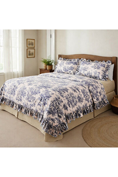 MundoLindo Double Ruffled Duvet Cover Set French Toile De Jouy Patterned 4 Pi...