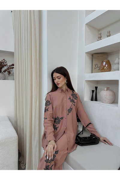 MİA NOURA Women's Shirt with Beaded Embroidery on the Front and Sleeves, Pant...