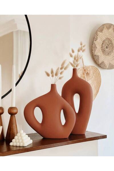 Hestia Home Set de vaze ceramice Clio și vază cu mânere mari, roșu-maro