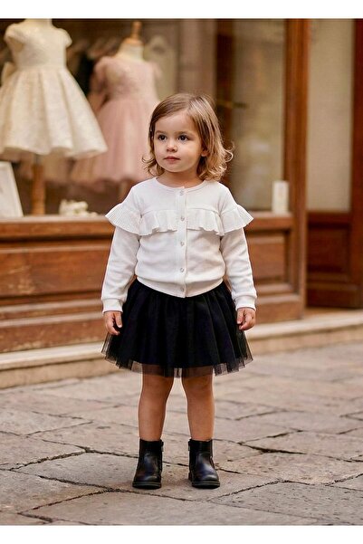 Miaras Girls' Long Sleeve Ruffled Cardigan Tulle Skirt Combination