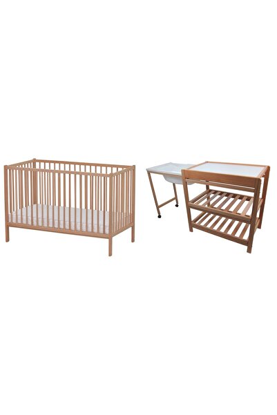 Primii Pasi Set Solid beech wood crib 120x60cm with changing and bathing table