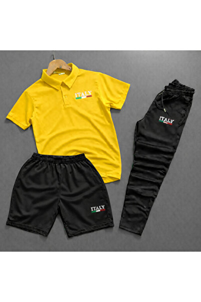 NOFLEN Polo Yaka Italy Printed 3-Piece Shorts and Sweatpants Set