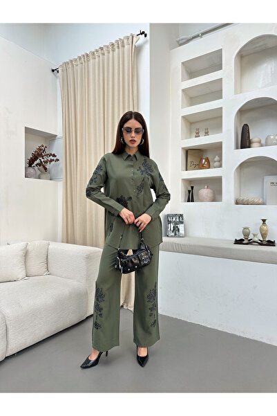 MİA NOURA Women's Shirt with Beaded Embroidery on the Front and Sleeves, Pant...