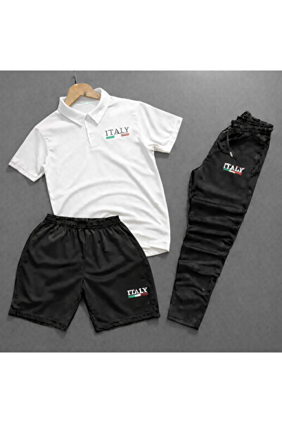 NOFLEN Polo Yaka Italy Printed 3-Piece Shorts and Sweatpants Set