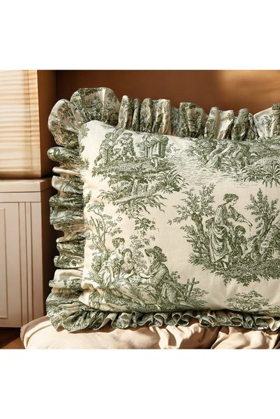 MundoLindo Double Ruffled Duvet Cover Set French Toile De Jouy Patterned 4 Piece