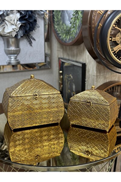 city gold 2'Lİ TELKARİ ESKİTME GOLD DEKORATİF KUTU