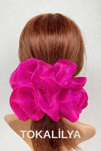 TOKALİLYA Kadın Lastikli fuşya organze Oversize Xxl [çapı 20cm] Scrunchie Sim...