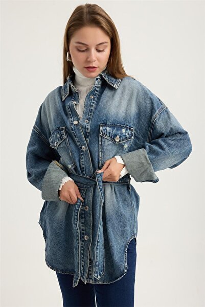 HomeStore Πουκάμισο τζιν με ζώνη και λεπτές ρίγες