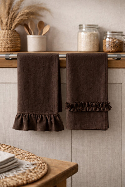 Mirilliahome Brown Linen Frilly Kitchen Towel Set of 2 35X55 cm Natural Dryin...