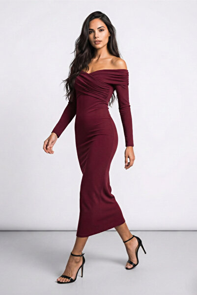 OLSAMODA Women's Cross-Necklace Drape Detail Flexible Fabric Design Dress