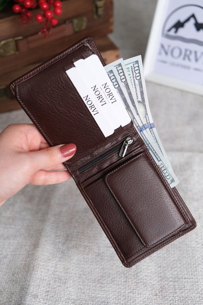 Norvi Leather Genuine Leather Wallet with Coin Compartment Brown 1032