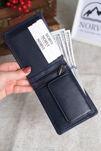 Norvi Leather Genuine Leather Wallet with Coin Compartment Navy Blue 1032
