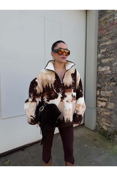 ROUPAS COLLECTİON Kahverengi Geyik Desen Sweat
