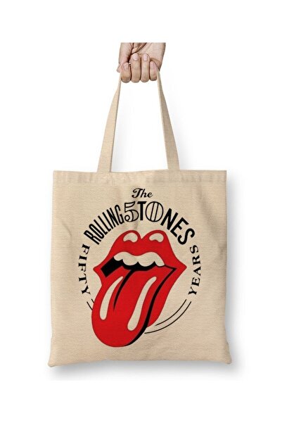 Toyaso Rolling Stones White Tote Bag Long Handle Shopping Bag Beach Bag