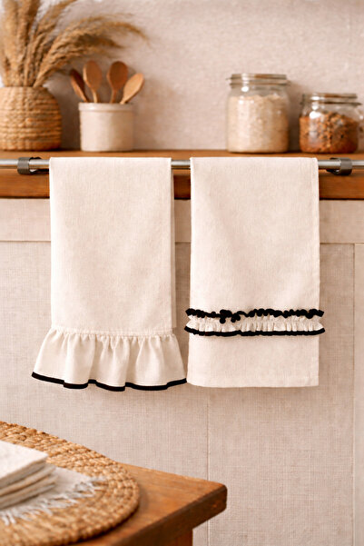 Mirilliahome Brown Linen Frilly Kitchen Towel Set of 2 35X55 cm Natural Dryin...
