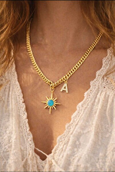 ÖZÜM TAKI Women's Steel Pole Star a Letter Necklace Gold