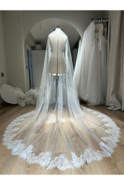 GELİNLİKCİ طرحة من الحرير الفرنسي المزخرف بالدانتيل 2.5 متر