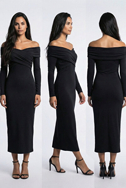 OLSAMODA Women's Cross-Necklace Drape Detail Flexible Fabric Design Dress