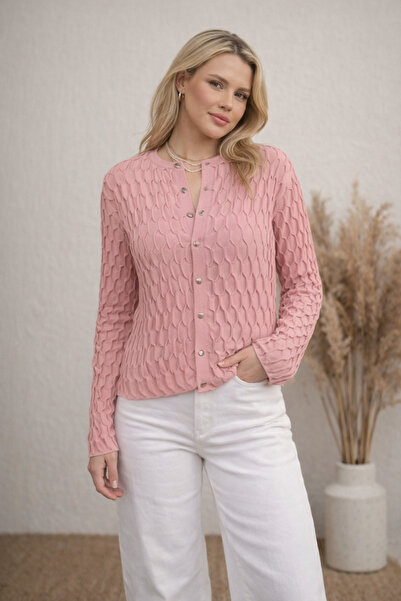 By Kuzey Aras Women's Honeycomb Textured Gold Buttoned Knit Cardigan