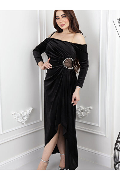 TREN Black Velvet Midi Evening Dress Off-Shoulder Embellished Waist Long Slee...