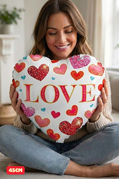 Baloncu Dede Love Yazılı Renkli Kalpler Desenli Folyo Balon Sevgililer Günü S...