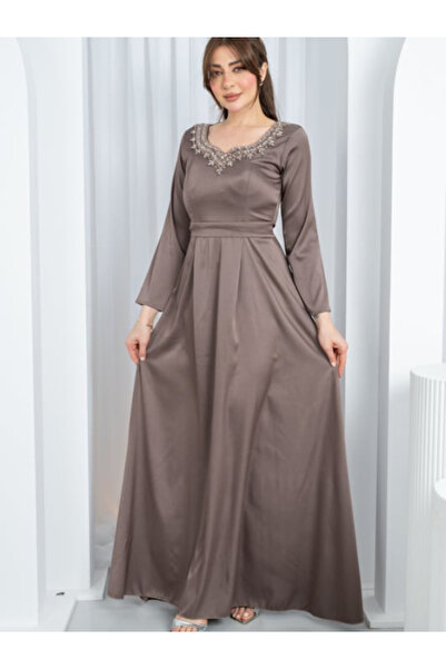 TREN Mauve Crepe Maxi Dress Long Sleeve Embellished Neckline Elegant Evening ...