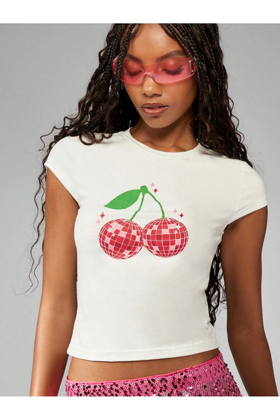 macklin Women's Cherry Disco Retro Printed Crew Neck Baby Tee Combed Cotton C...