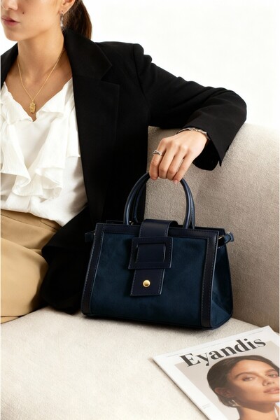 eyandis Suede Women's Hand and Shoulder Bag Navy Blue Satchel Model