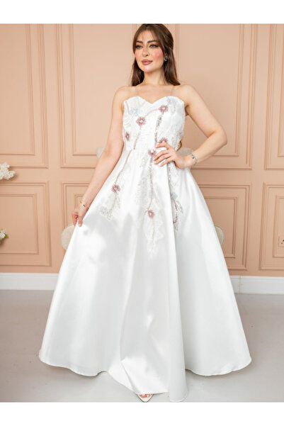 TREN فستان سهرة أنيق بدون حمالات من الساتان مزين بتطريزات زهرية، فستان أميرة