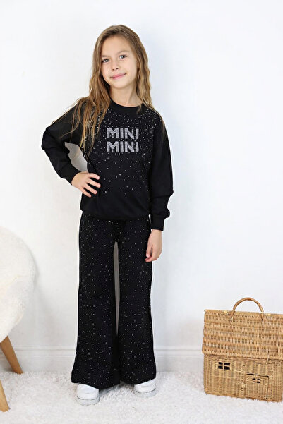 Aselin Kids طقم رياضي للفتيات مكون من قطعتين أسود اللون مع تفاصيل حجرية مطبوع